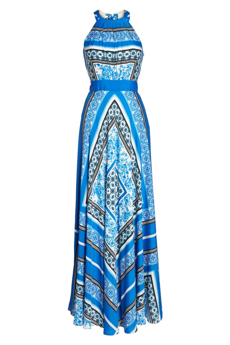 Scarf Print Halter Crêpe de Chine Maxi Dress, Alternate, color, BLUE
