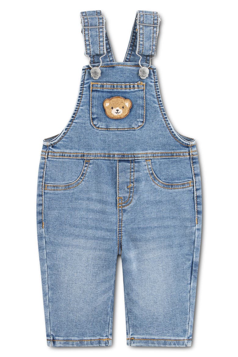 Teddy Bear Appliqué Denim Overalls, Main, color, INDIGO CHAMPION