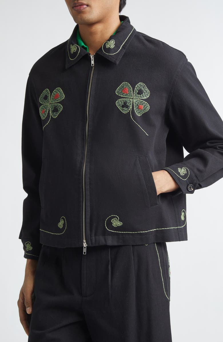 Bode Lucky Draw Embroidered Cotton Twill Jacket, Alternate, color, Black