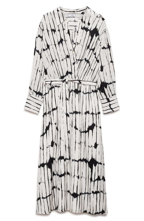 Print Tie Waist Long Sleeve Shirtdress