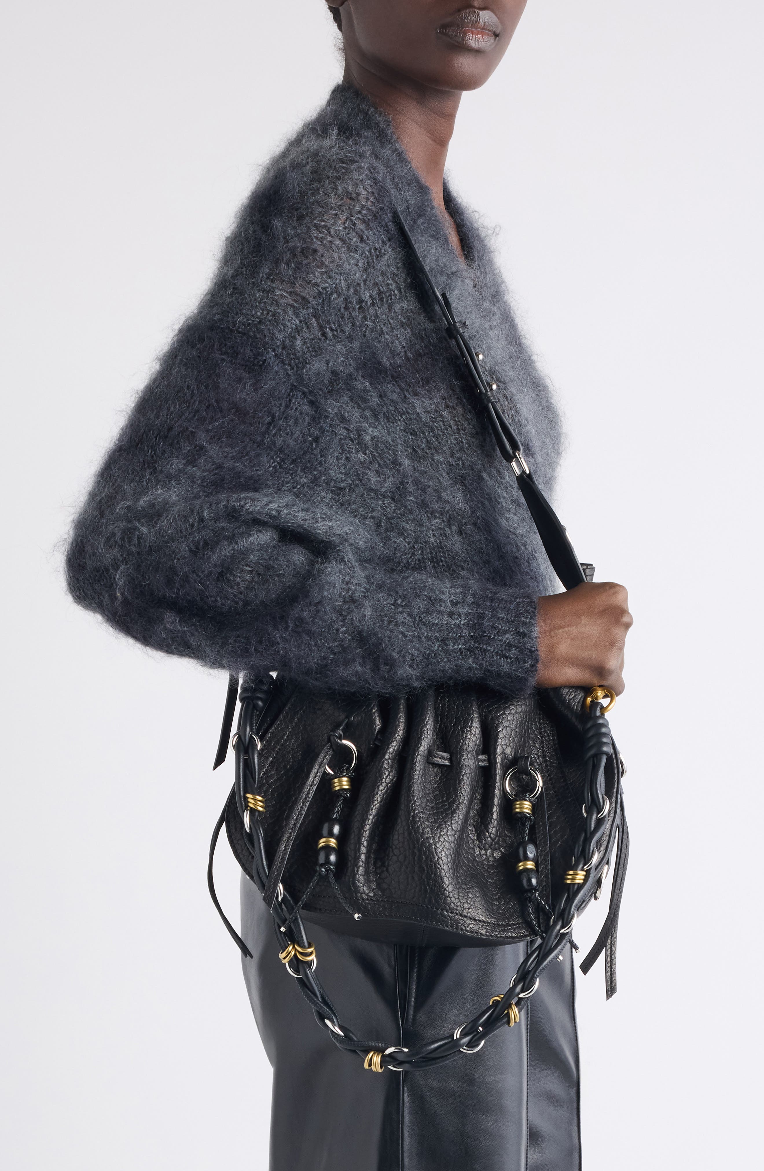 Isabel Marant Bolton Bubble Pebbled Leather Hobo Bag, Alternate, color, Black/ Silver