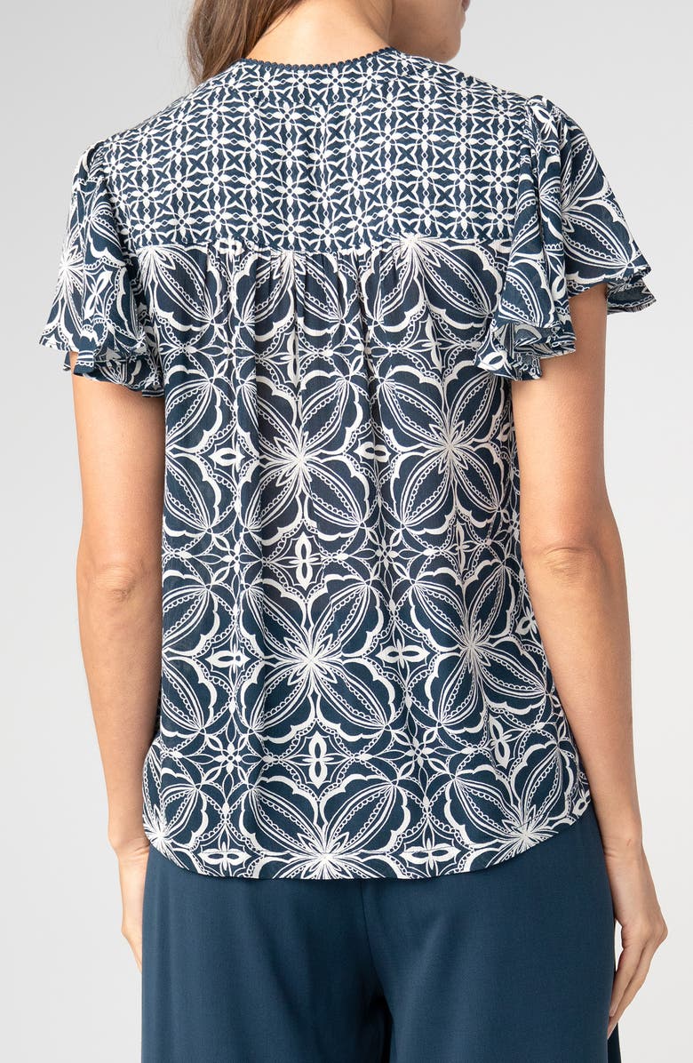 Liverpool Flutter Sleeve Mix Print Button-Up Top, Alternate, color, Blue W Cream