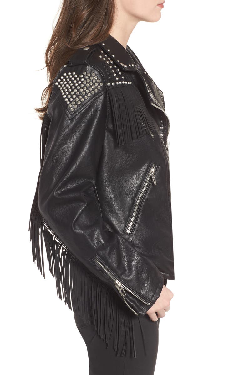 BLANKNYC Studded Fringe Faux Leather Moto Jacket, Alternate, color, 