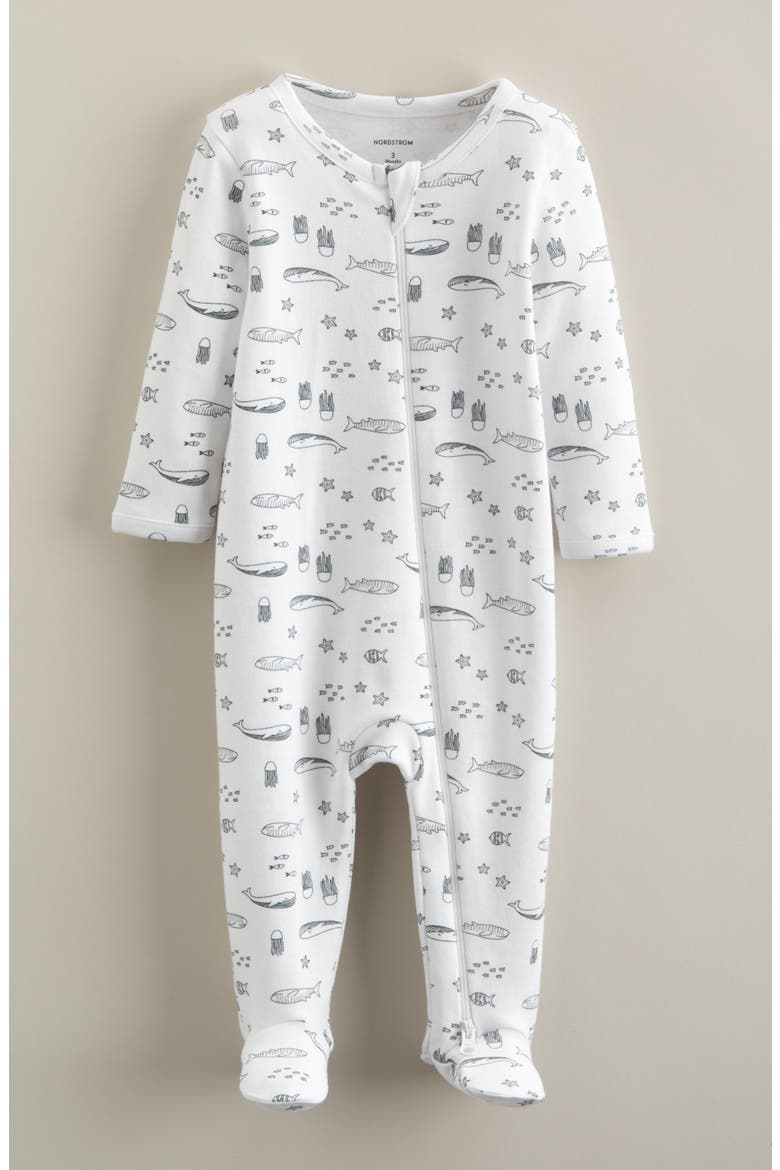 Two-Way Zip Printed Cotton Footie, Main, color, WHITE- NAVY SEA FRIENDS