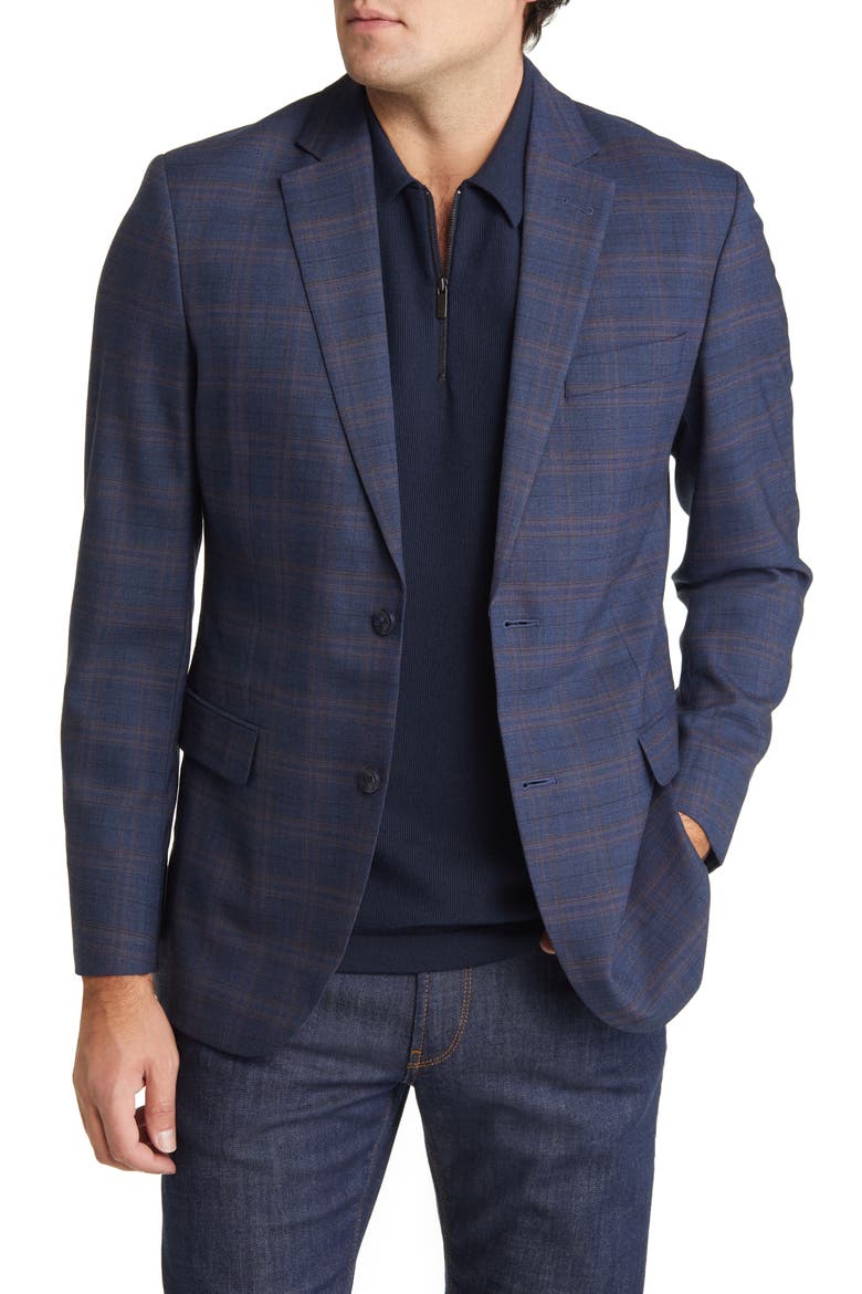 Trim Fit Plaid Wool Blend Sport Coat, Main, color, NAVY - BROWN TEXTURE PLAID