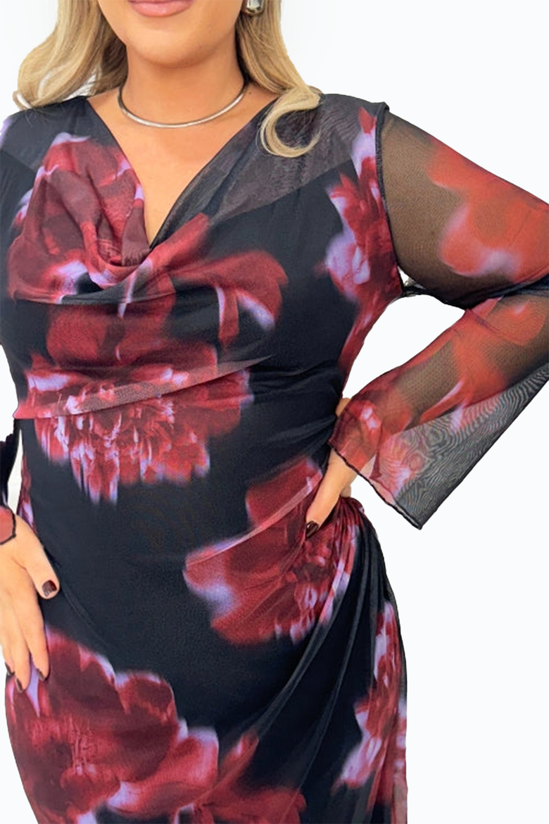 Cowl Neck Mesh Flare Sleeve Maxi Dress, Alternate, color, Burgundy