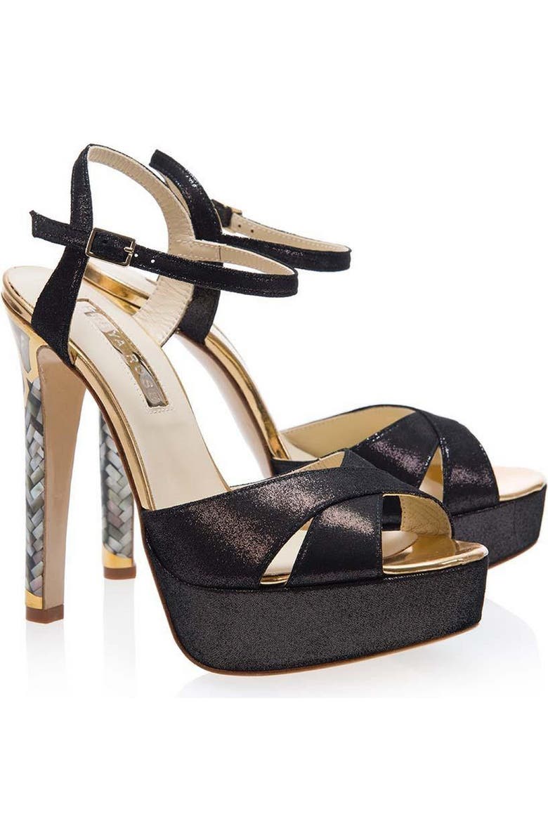 Freya Rose Cleopatra Noir Ankle Strap Pearl Heel Sandal, Alternate, color, Black