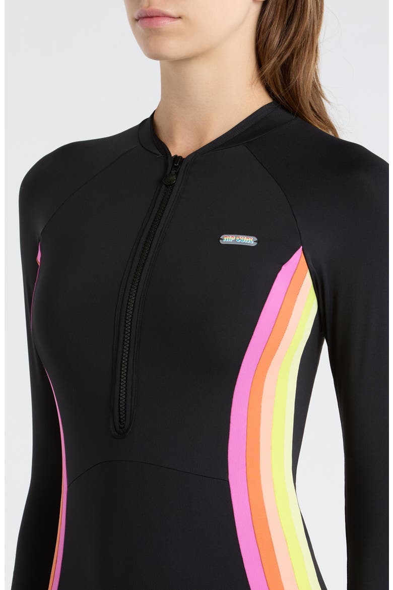 Surf Stripe Long Sleeve UPF 50+ One-Piece Rashguard Swimsuit, Alternate, color, BLACK