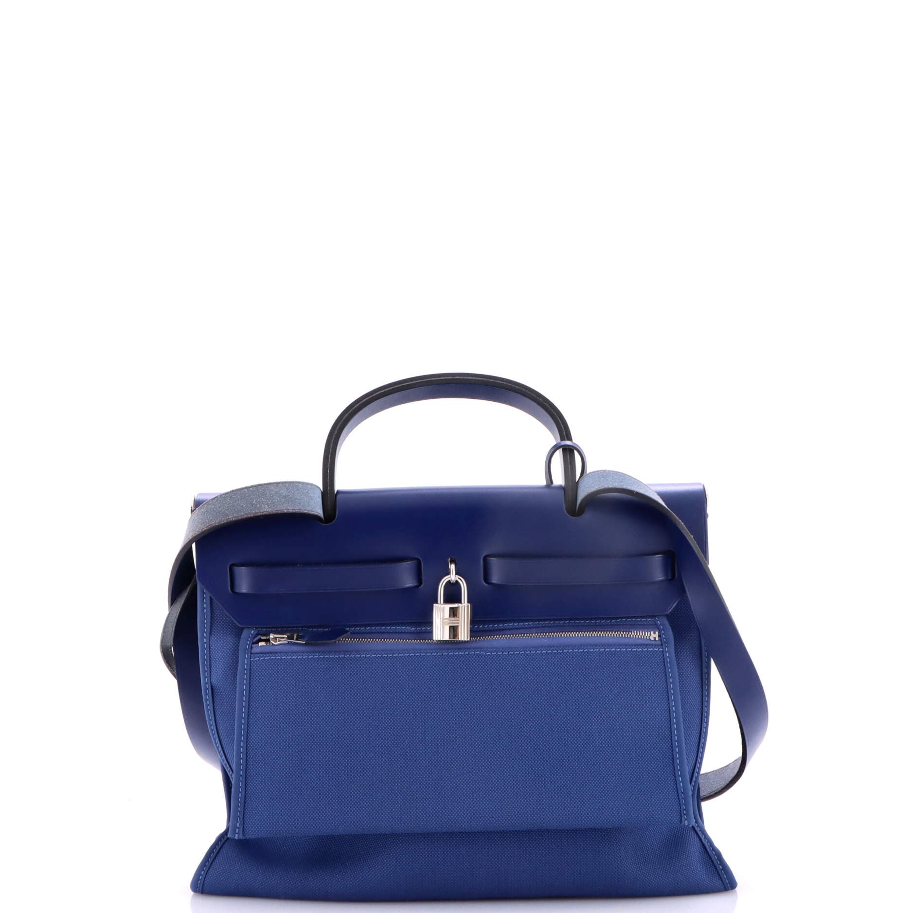 Pre-Owned Hermes Herbag Zip Leather and Toile 31, Alternate, color, Bleu Brighton