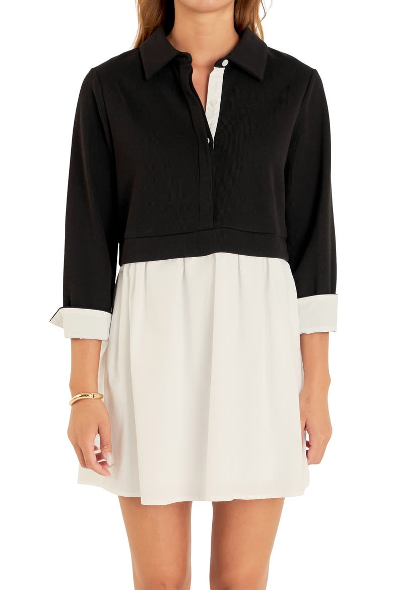 Mixed Media Cotton Blend Minidress, Alternate, color, BLACK/ WHITE