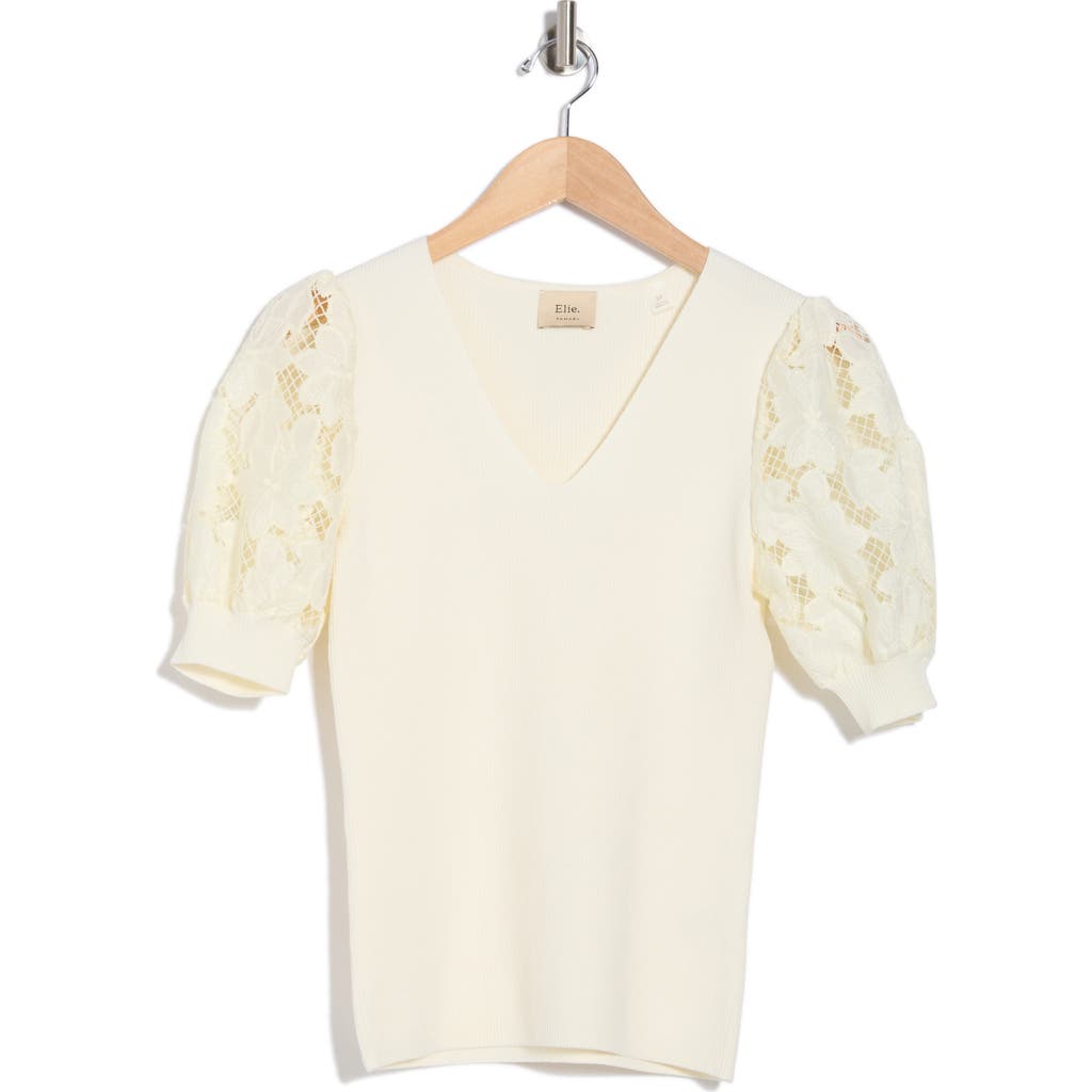 Shop Elie Elie Tahari Puffed Lace Sleeve V-neck Sweater