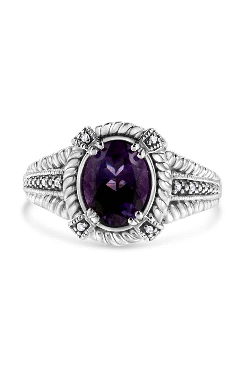 Silver 9X7 Oval MM Purple Amethyst Solitaire and Diamond Accent Ring, Alternate, color, White