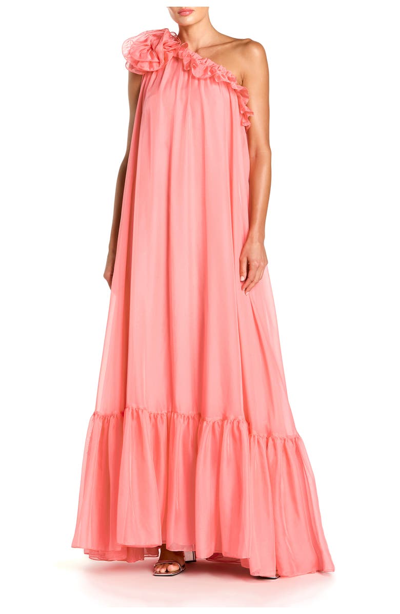 Mac Duggal One Shoulder Chiffon Maxi Gown with 3D Rosette, Main, color, Hibiscus