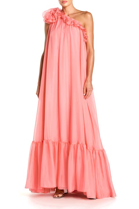 One Shoulder Chiffon Maxi Gown with 3D Rosette