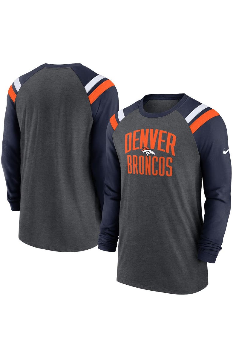 Nike Men's Nike Heathered Charcoal/Navy Denver Broncos Tri-Blend Raglan Athletic Long Sleeve Fashion T-Shirt, Alternate, color, 