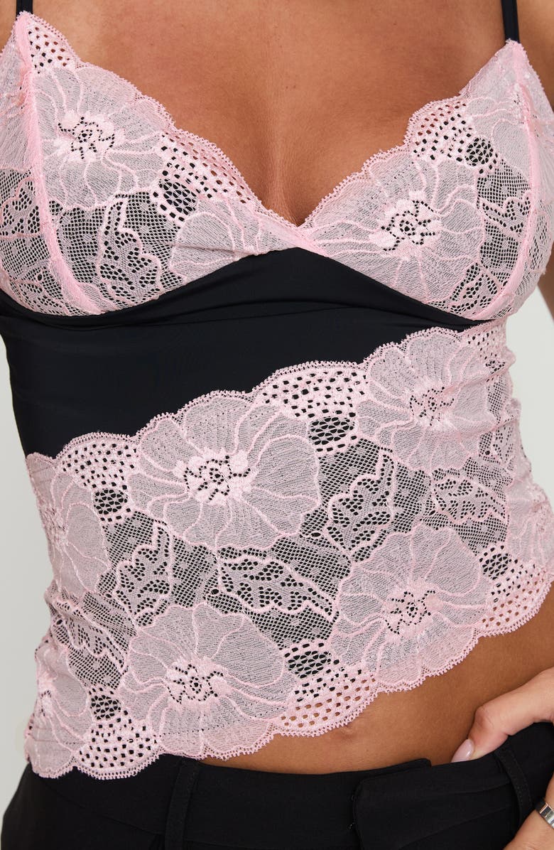 Princess Polly Antoine Lace Asymmetric Crop Camisole, Alternate, color, Pink / Black