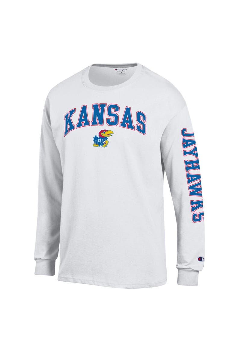 Men's Champion  White Kansas Jayhawks Arch Over Logo 2-Hit Long Sleeve T-Shirt, Alternate, color, White