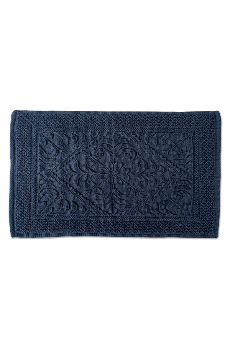 Jacquard Bordered Bath Mat, 20x31", Main, color, Navy Damask