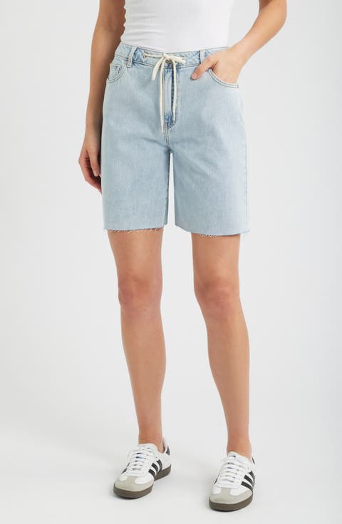 Drawstring Raw Hem Denim Shorts
