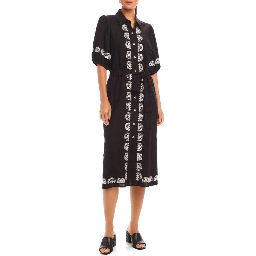 Karen Kane Embroidered Linen Blend Shirtdress In Black