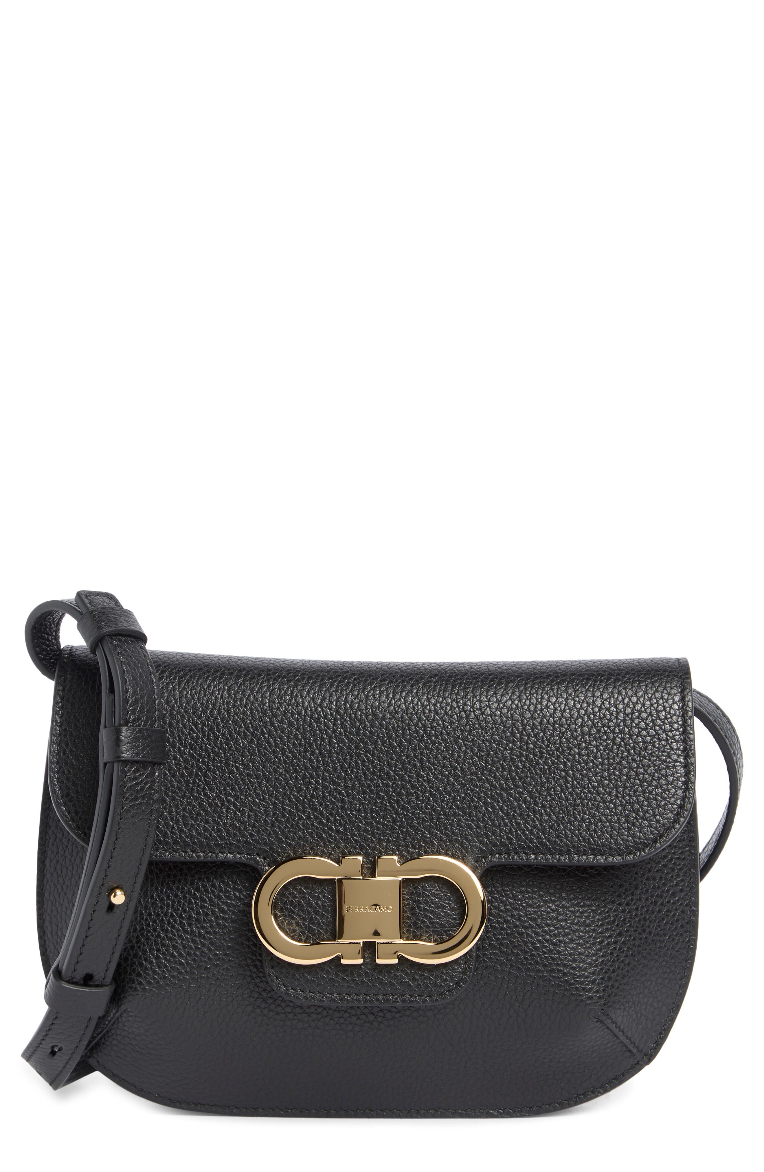 FERRAGAMO Lizzy Double Gancio Leather Crossbody Bag, Main, color, Nero/ Flame Red