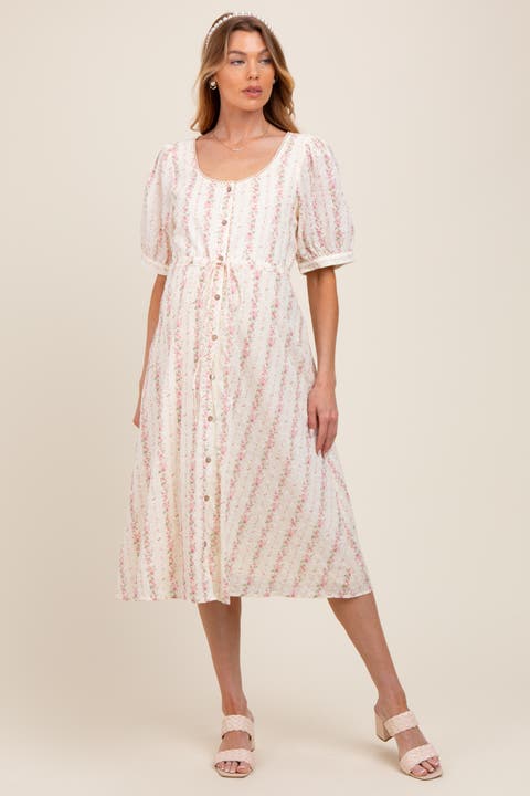 Swiss Dot Floral Print Button Down Midi Dress