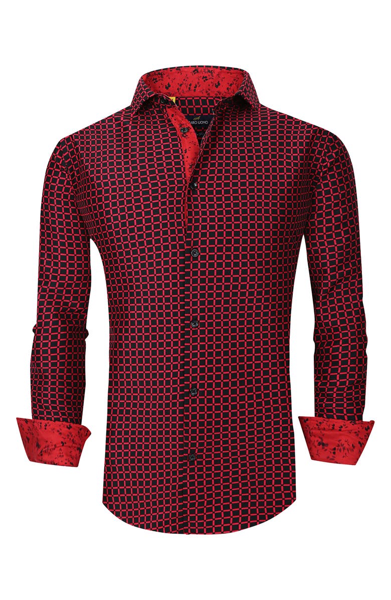 Azaro Uomo Slim Fit Grid Print Performance Button-Up Shirt, Alternate, color, Red