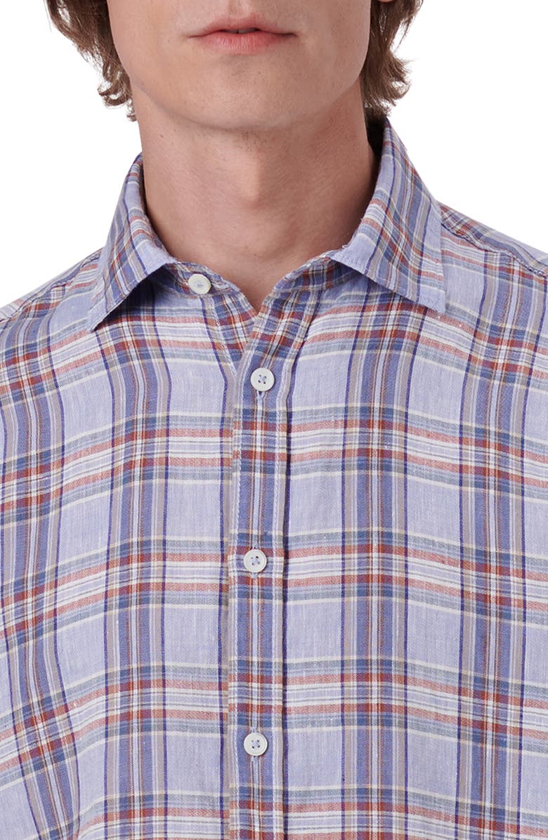 Bugatchi Plaid Short Sleeve Linen Button-Up Shirt, Alternate, color,