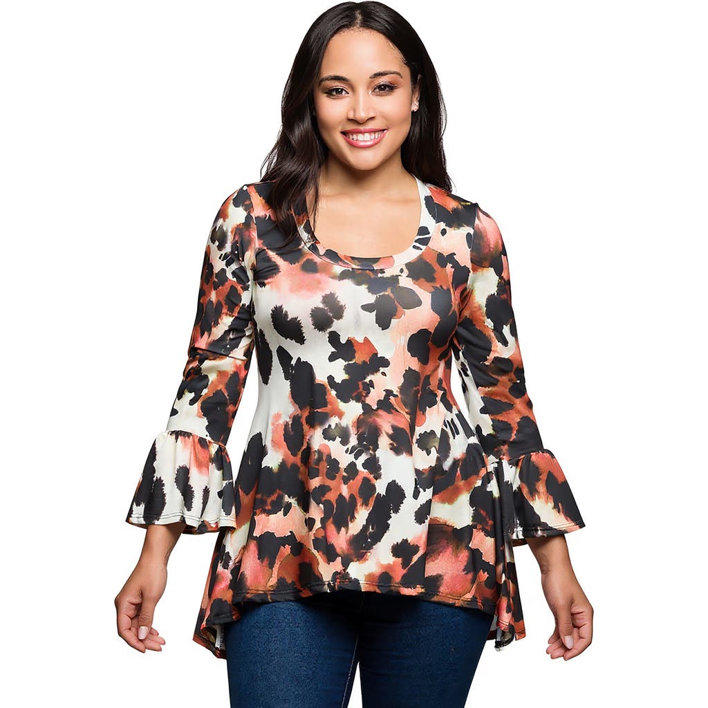 24seven Comfort Apparel Plus Size Scoop Neck Bell Sleeve Tunic Top In Multi