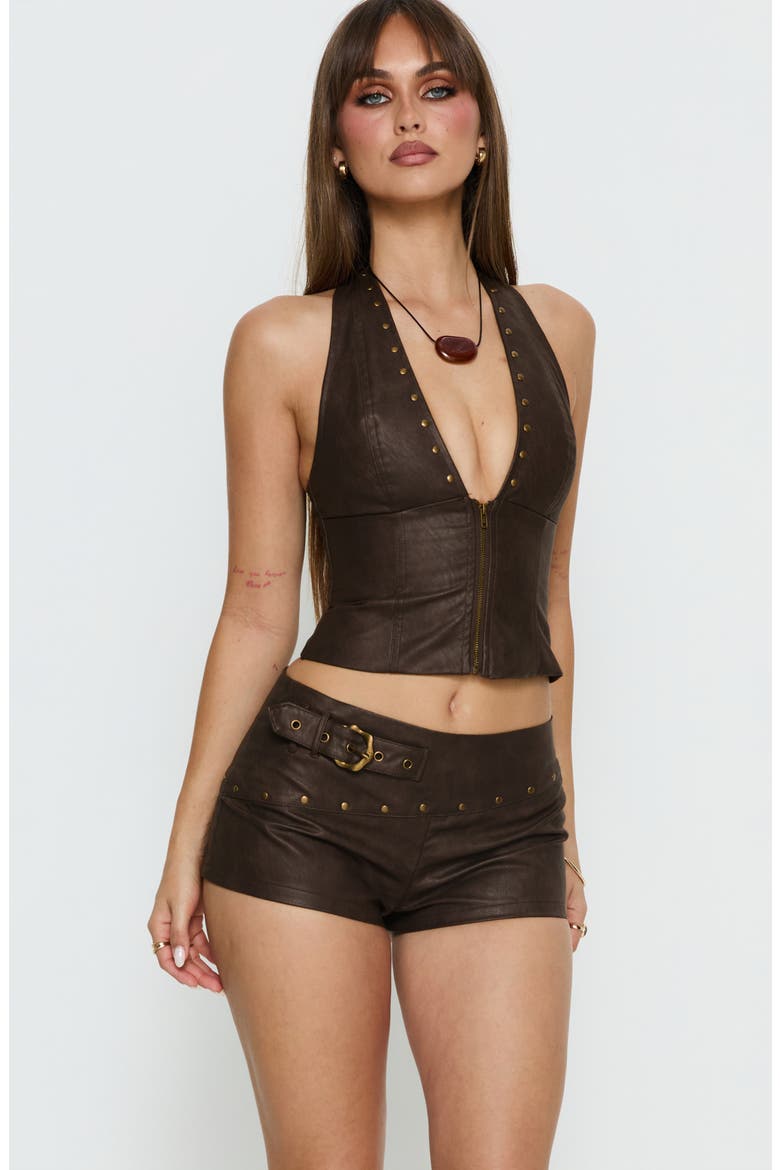 Romey Stud Faux Leather Shorts, Alternate, color, CHARCOAL BROWN