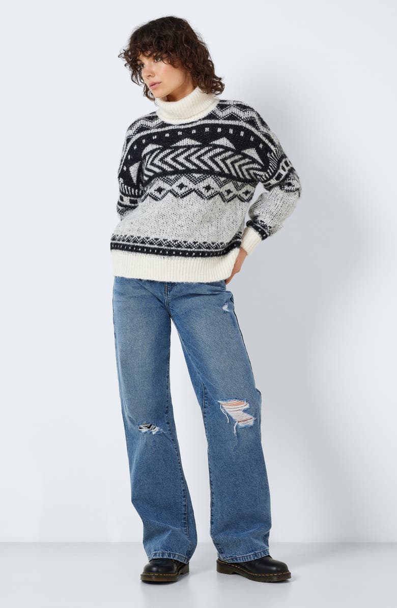 Noisy may Share Fair Isle Turtleneck Sweater, Alternate, color, Eggnogpatternblack