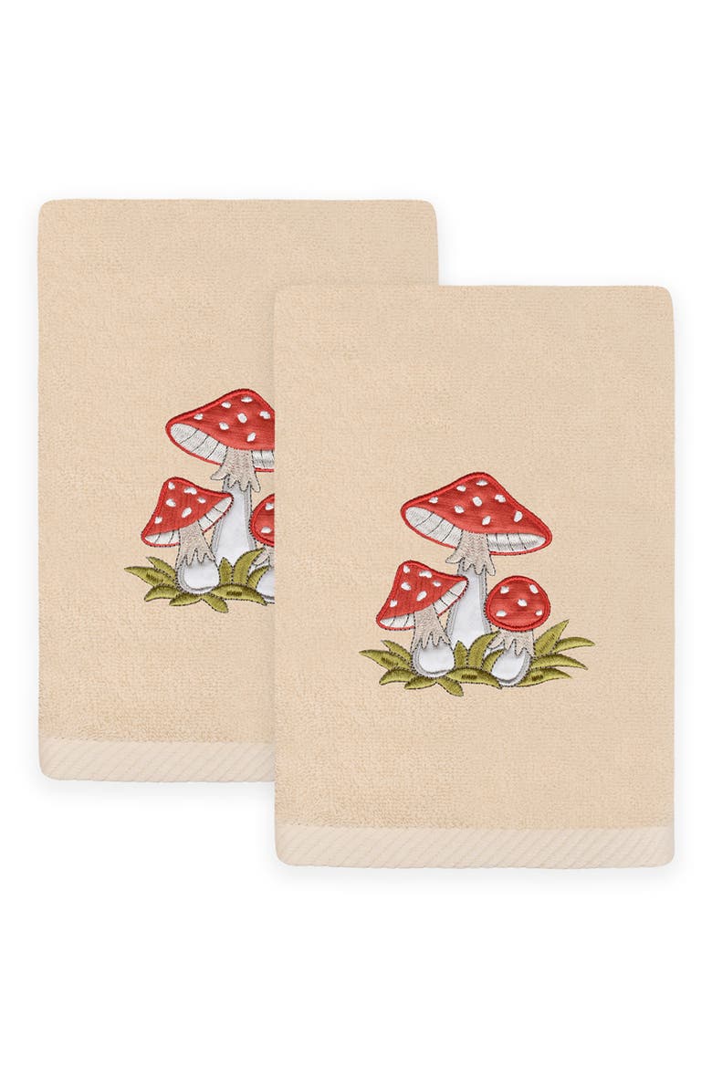 Set of 2 Spring Mushrooms Embroidered Turkish Cotton Hand Towels, Main, color, SAND
