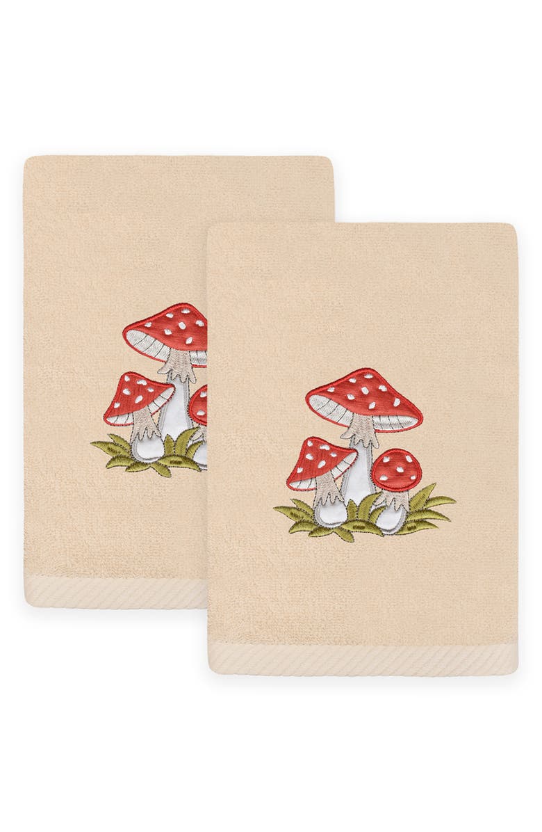 Linum Home Textiles Set of 2 Spring Mushrooms Embroidered Turkish Cotton Hand Towels, Main, color, Sand