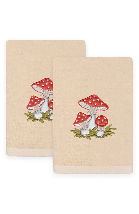 Set of 2 Spring Mushrooms Embroidered Turkish Cotton Hand Towels