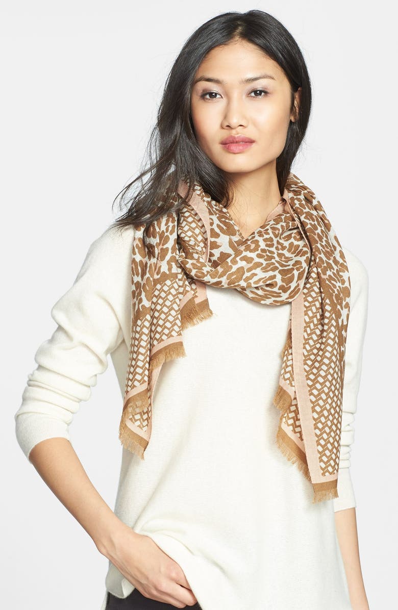 Tory Burch 'Reva - Leopard' Wool Gauze Scarf, Main, color,