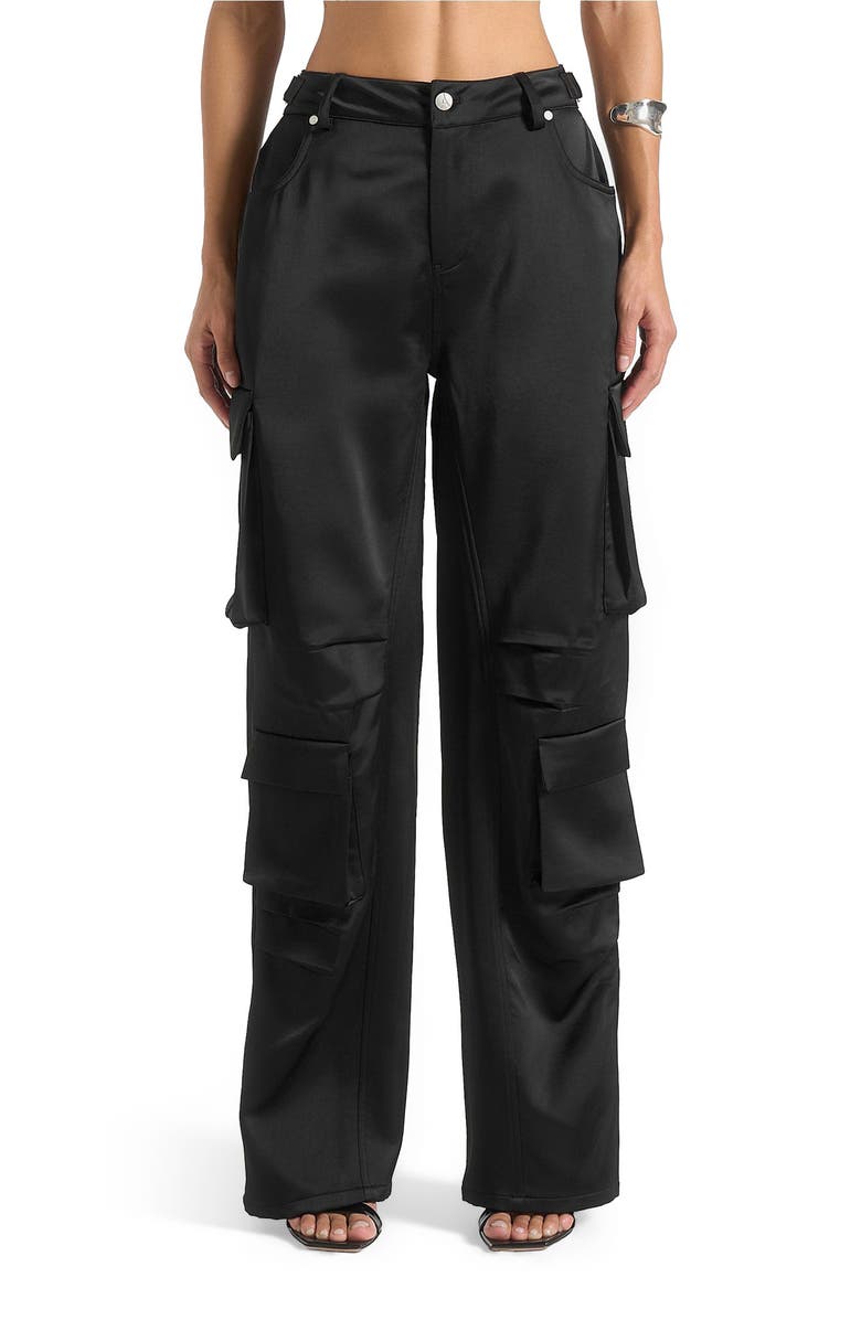 Manière De Voir Emilie Satin High Waisted Cargo Pants, Main, color, Black