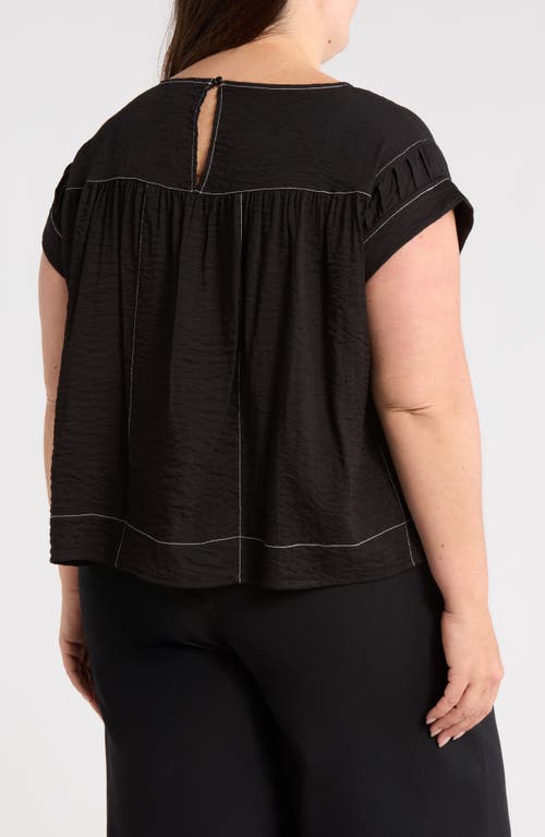 Adrianna Papell Topstitched Crinkled Cap Sleeve Top In Black