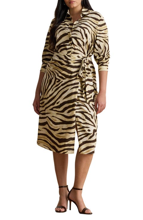 Zebra Print Tie Waist Long Sleeve Crepe Shirtdress (Plus)