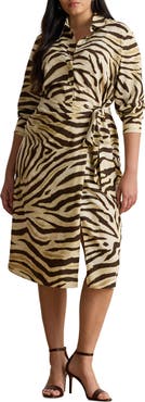 Lauren Ralph Lauren Zebra Print Tie Waist Long Sleeve Crepe Shirtdress