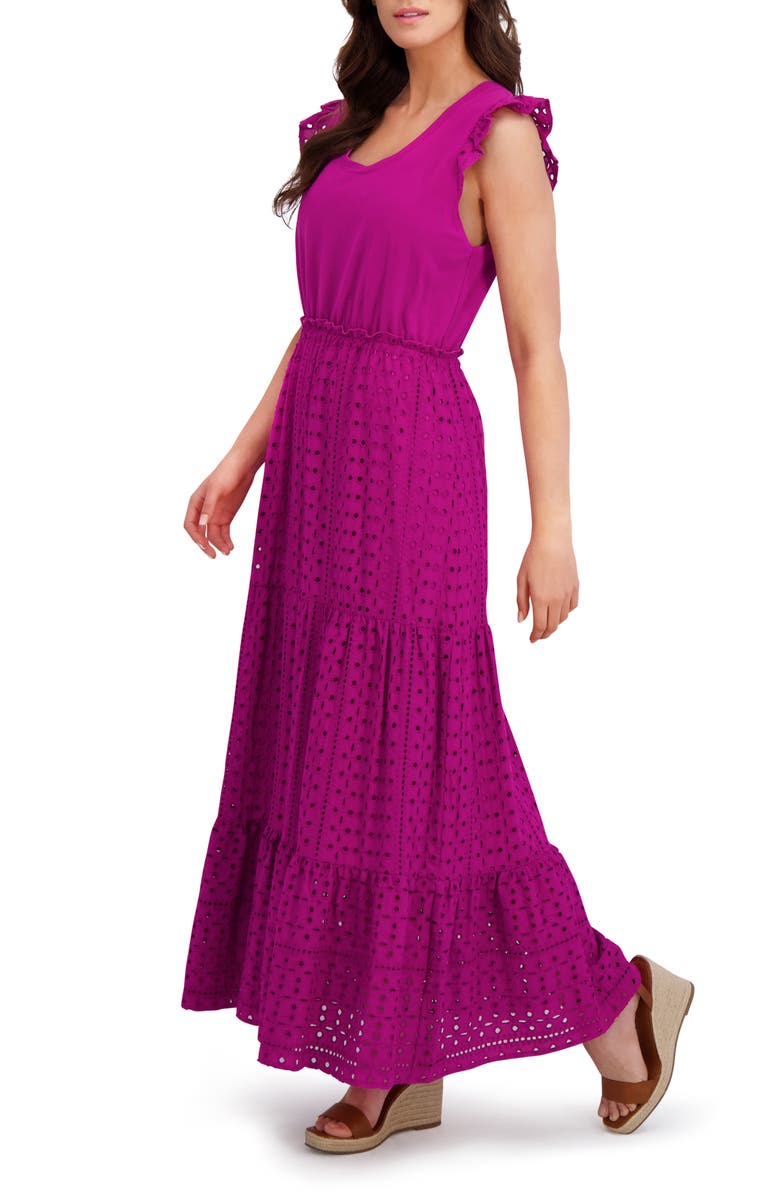 London Times Mixed Media Tiered Dress, Alternate, color, Deep Orchid