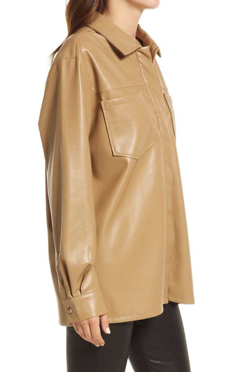 Good American Faux Leather Split Back Button-Up Shirt, Alternate, color, Warm Caramel003