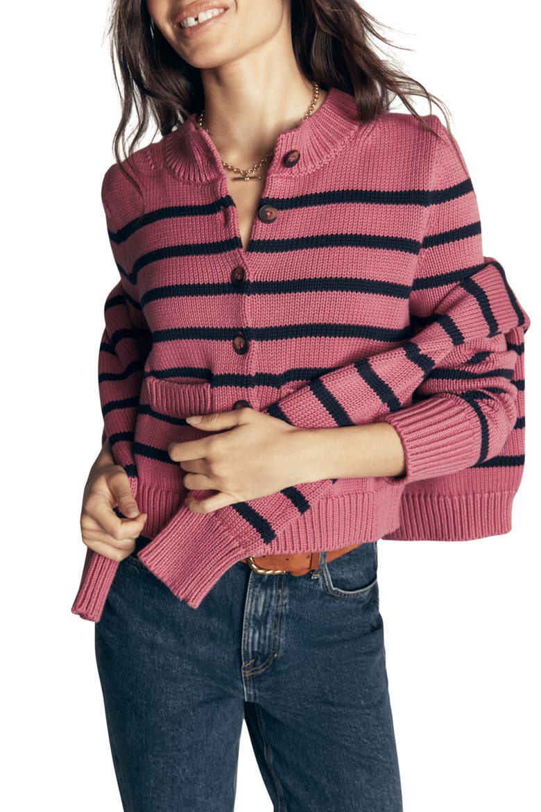 Lucy Chunky Cotton Cardigan, Main, color, PINK HEATHER, STRIPE