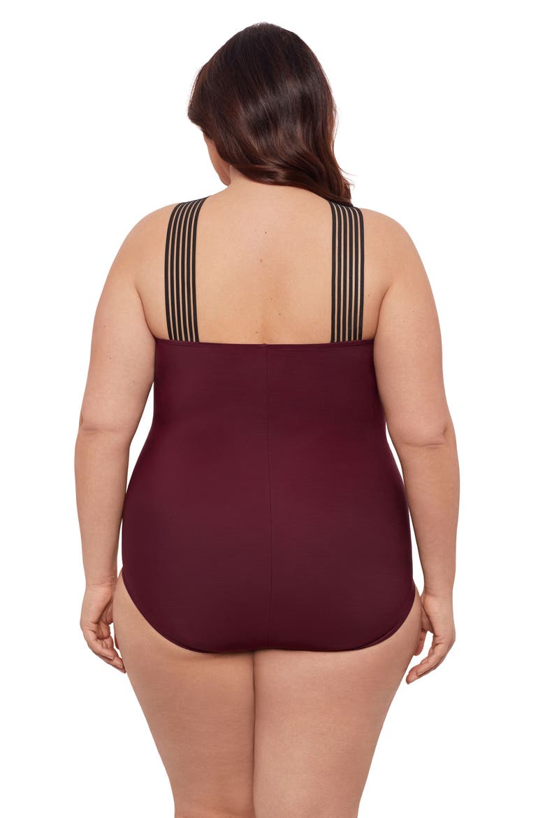 Plus Size Novelty Trim High Criss Cross Neck Full Coverage One-Piece Swimsuit, Alternate, color, Currant