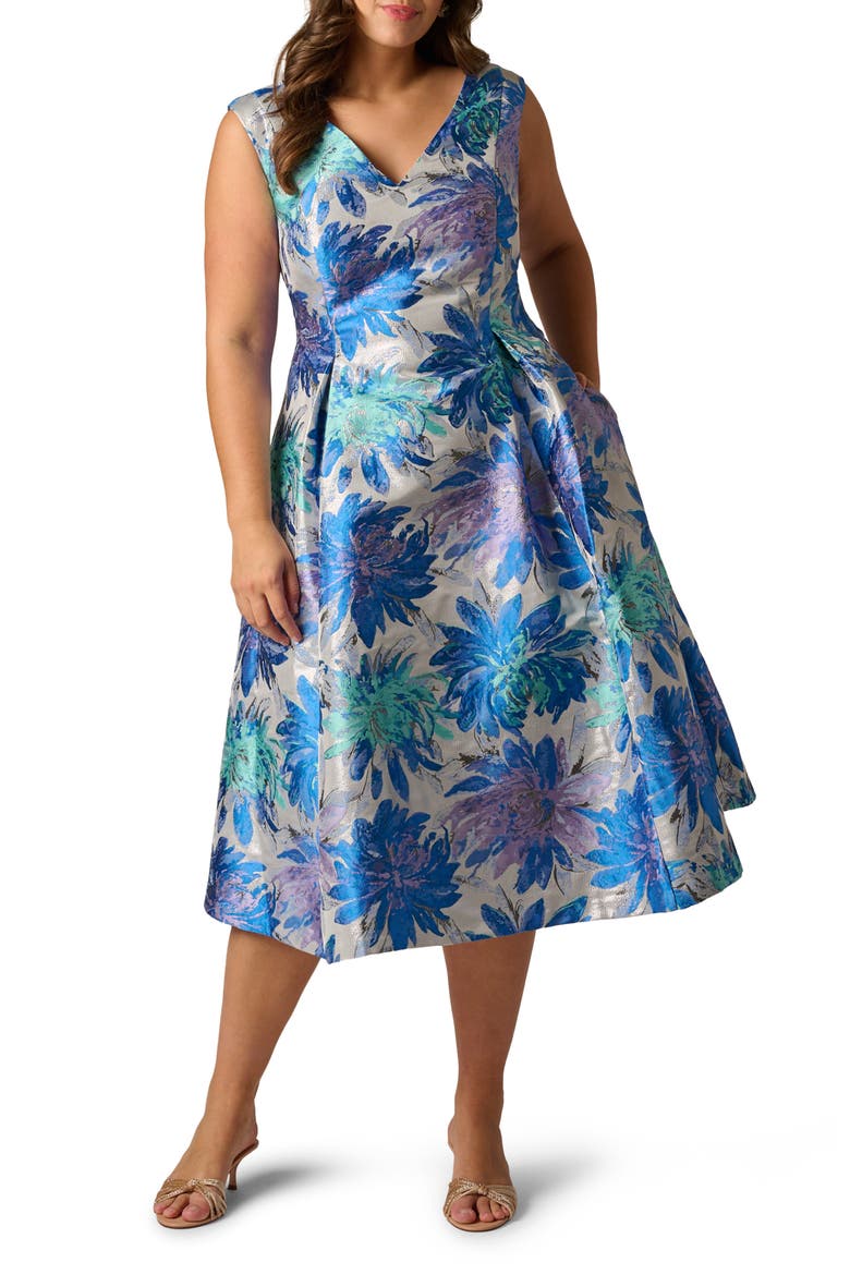 Metallic Jacquard Sleeveless Midi Dress, Main, color, BLUE MULTI