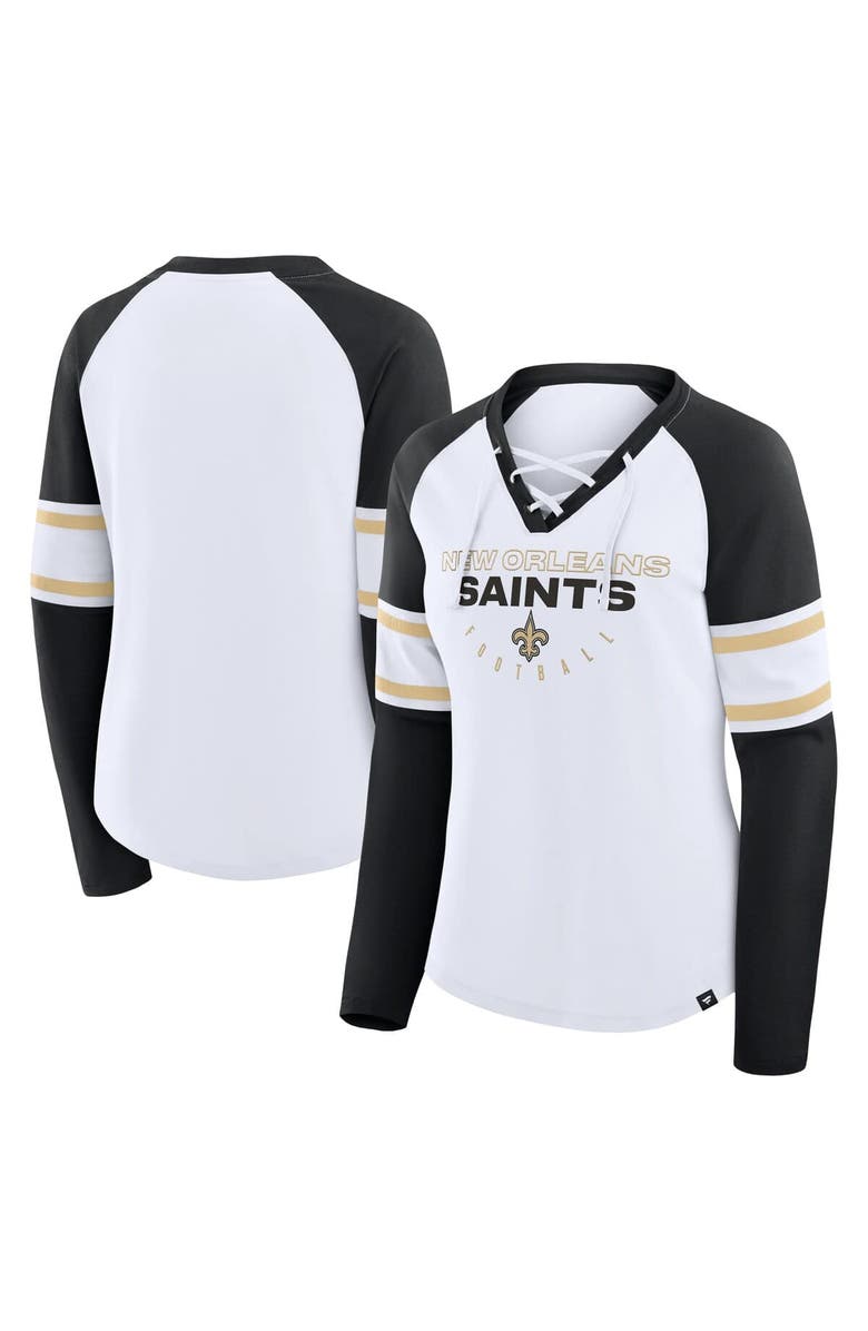 FANATICS Women's Fanatics White/Black New Orleans Saints Redzone Blitz Package Raglan Lace-Up V-Neck Long Sleeve T-Shirt, Main, color, White