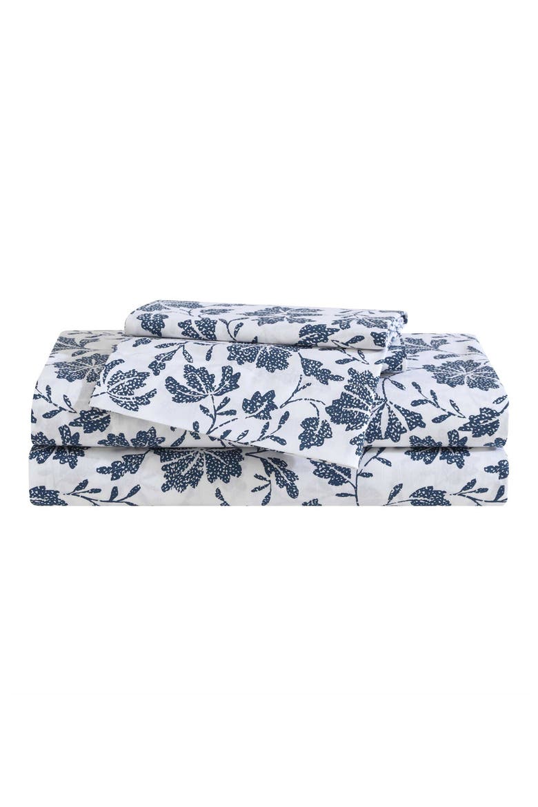 Woodblock Floral 200 Thread Count Cotton Percale Sheet Set, Main, color, WHITE/ BLUE