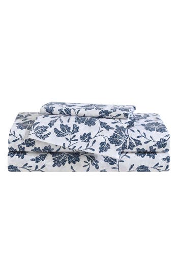 Eddie Bauer Woodblock Floral 200 Thread Count Cotton Percale Sheet Set In White/blue