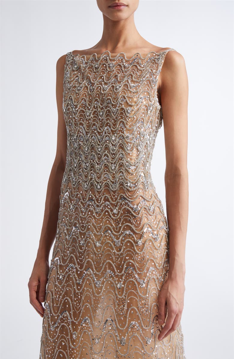 Oscar de la Renta Crystal Wave Embroidered Sleeveless Gown, Alternate, color, Silver