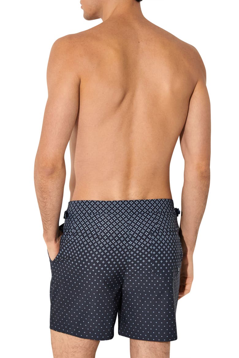 Darli Gradient Geo Print Side Adjuster Swim Trunks, Alternate, color, NAVY