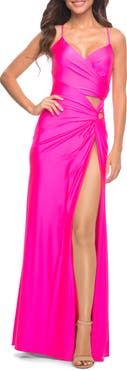 La Femme Neon Prom Dress with Cut Outs at Hip and High Slit